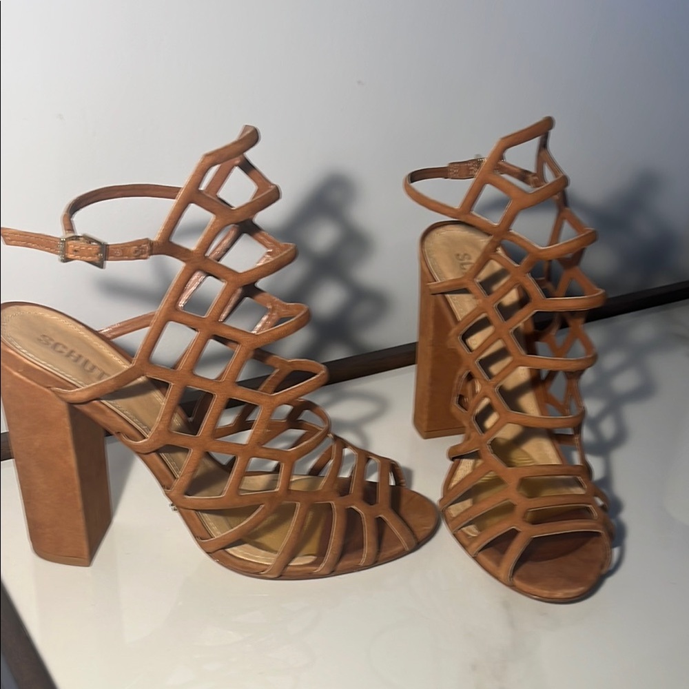 SCHUTZ Tan Strappy Heels with Block Heel